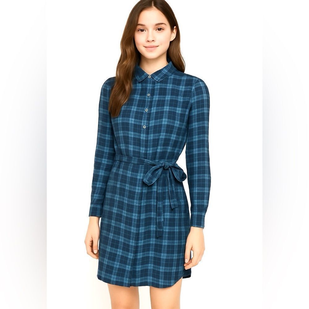 NWT LOFT Blue Plaid Long Sleeve Mini Dress Belt Tie Button Down Country Concert